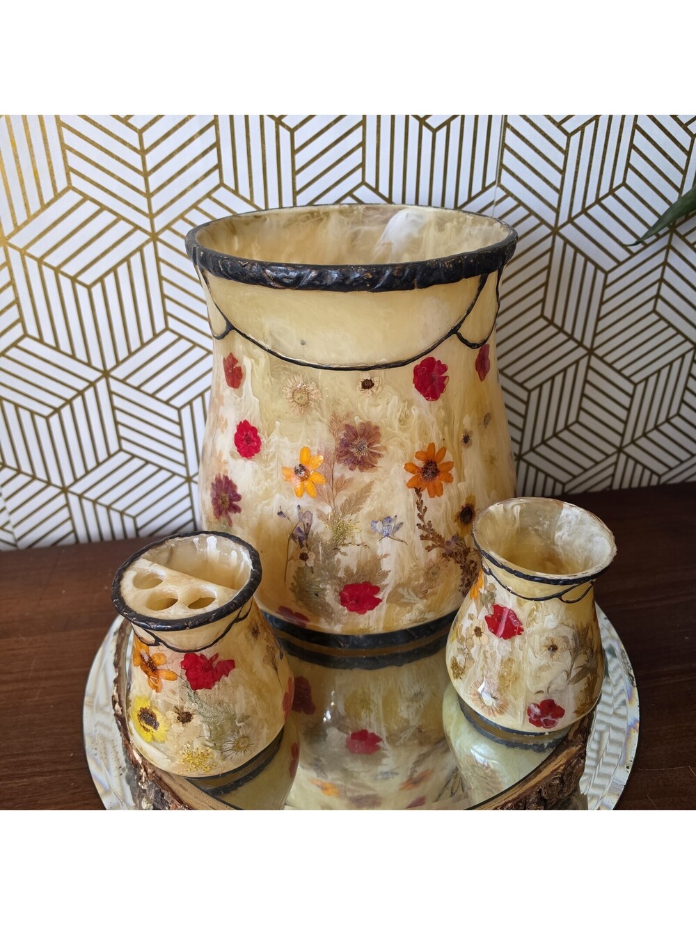 Vintage India Ink Pressed Flower Resin Fresh Fields Bathroom 3pc Set